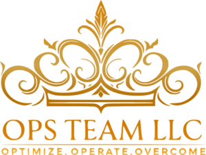 OPSteam-logo-O-transparent Golden ornate design above text reading "OPS TEAM LLC" and "Optimize. Operate. Overcome.